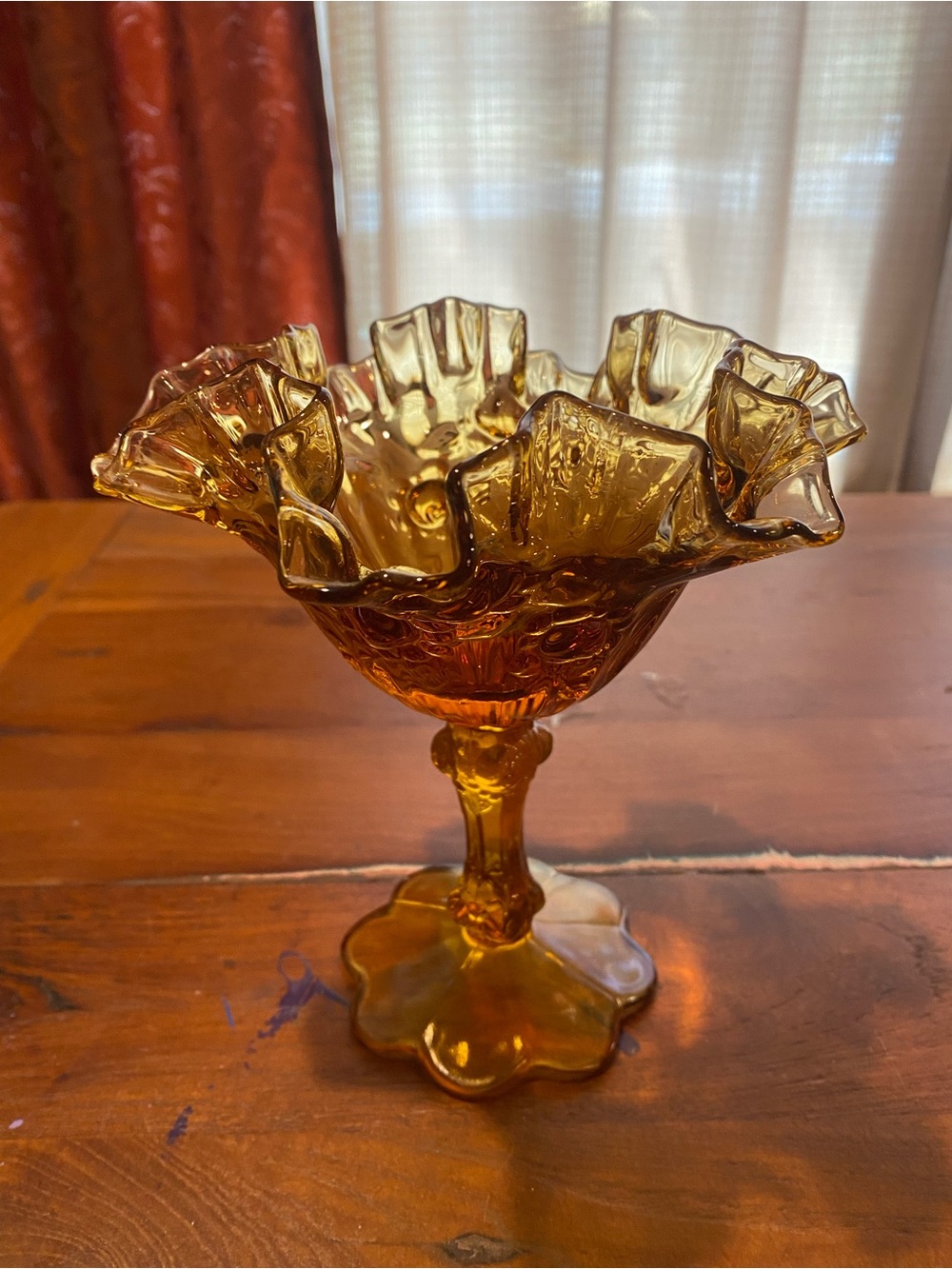 Fenton Amber Glass Ruffled Compote Vase - Home Art